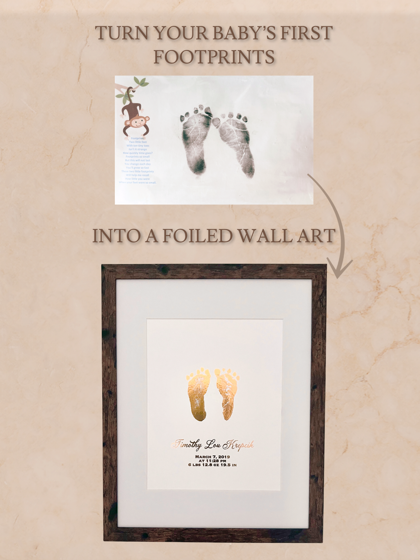 Framed Real Foil Baby Handprints and Footprints, Birth Stats Keepsake, Nursery Wall Art