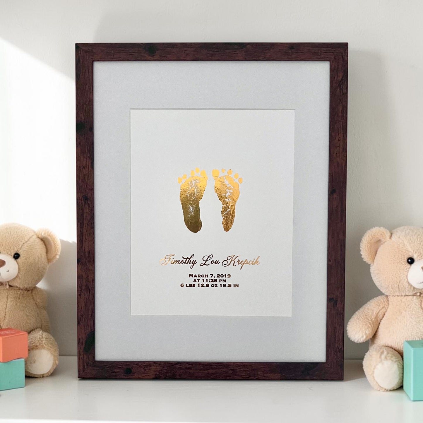 Framed Real Foil Baby Handprints and Footprints, Birth Stats Keepsake, Nursery Wall Art