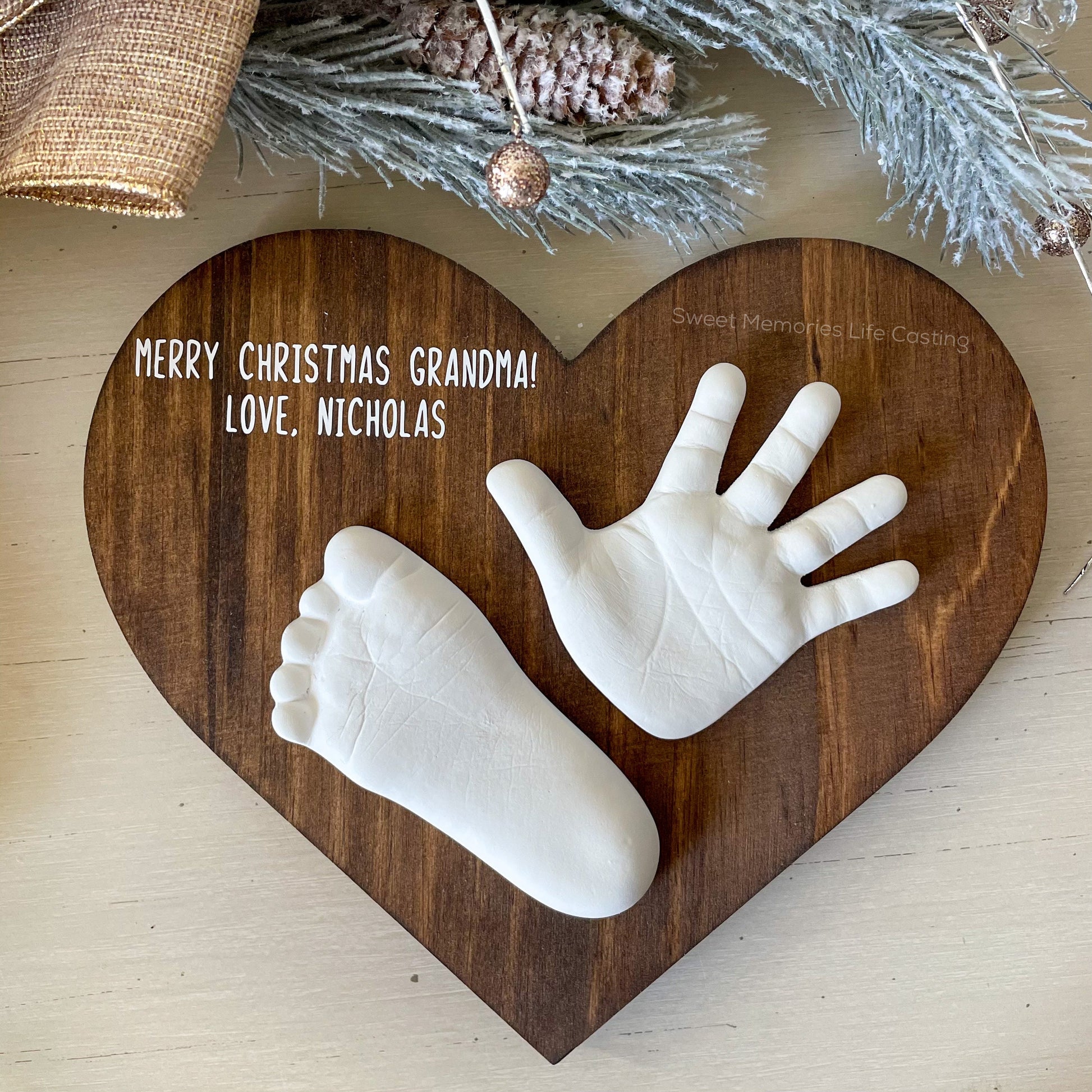 Merry Christmas Grandma heart plaque keepsake with baby's hand and foot castings